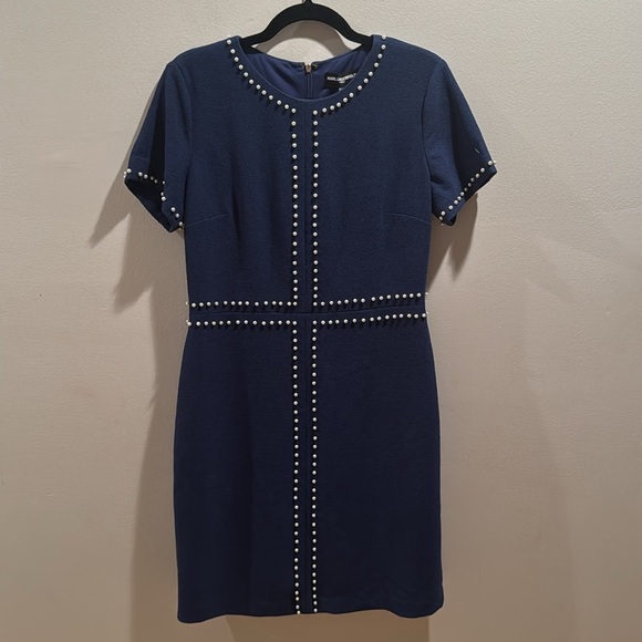 NWT Karl Lagerfeld Blue Sheath Mini Dress with Pearl Accents Size 6 - Picture 2 of 6
